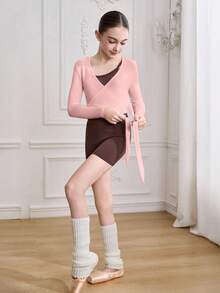 SHEIN 适合青少年女孩的芭蕾舞服装，高弹力光滑外套，适合芭蕾舞比赛和秋冬季穿着。 - 粉色 - 查看 5