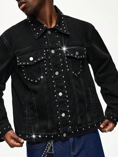 Veste en jean polyvalente à col rabattu, à simple boutonnage et décoration de rivets pour hommes
