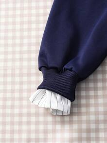 SHEIN Áo nỉ chui đầu kiểu dáng thường ngày dành cho nữ tuổi teen, đa năng cho đi học và đi làm, áo nỉ 2 trong 1 có cổ áo sơ mi, in số và chữ cái, họa tiết da báo, dáng rộng. - Màu xanh lam - Xem 6