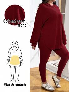 SHEIN Essnce Bộ đồ hai mảnh vải kaki rộng rãi, thoải mái, co giãn cao, ấm áp, thoải mái mặc hàng ngày cho nữ, quần áo mùa thu, trang phục sân bay, quần dài - Màu Đỏ Sâu - Xem 3