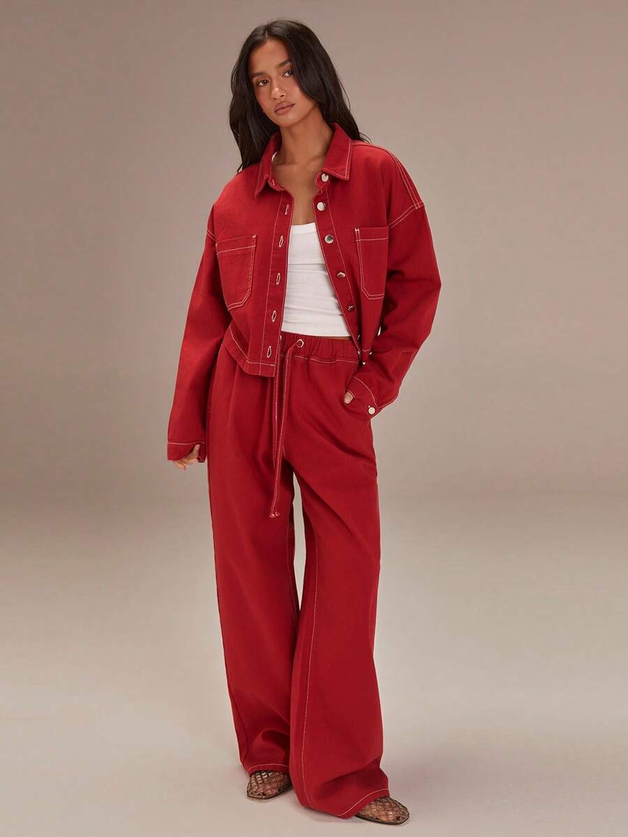 Athîral Women's Red Jeans, Denim Jacket, Red Trousers, Casual Style Trousers, Elastic Waistband, Loose Fit, Women's Christmas Outfits, New Year's Outfits, Women's Winter Outfits, Valentine's Day Outfits - Red - View 1