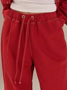 Athîral Women's Red Jeans, Denim Jacket, Red Trousers, Casual Style Trousers, Elastic Waistband, Loose Fit, Women's Christmas Outfits, New Year's Outfits, Women's Winter Outfits, Valentine's Day Outfits - Red - View 4