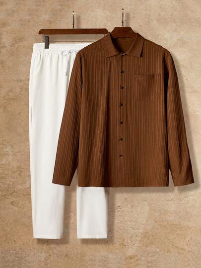 HIMLAND Men's Long Sleeve Button-Front Casual Striped Shirt, Versatile Matching