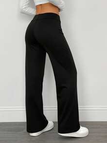 SHEIN PETITE 2pcs Women Casual High Waist Fold-Over Wide Leg Straight Pants, Suitable For Summer - Black - View 2
