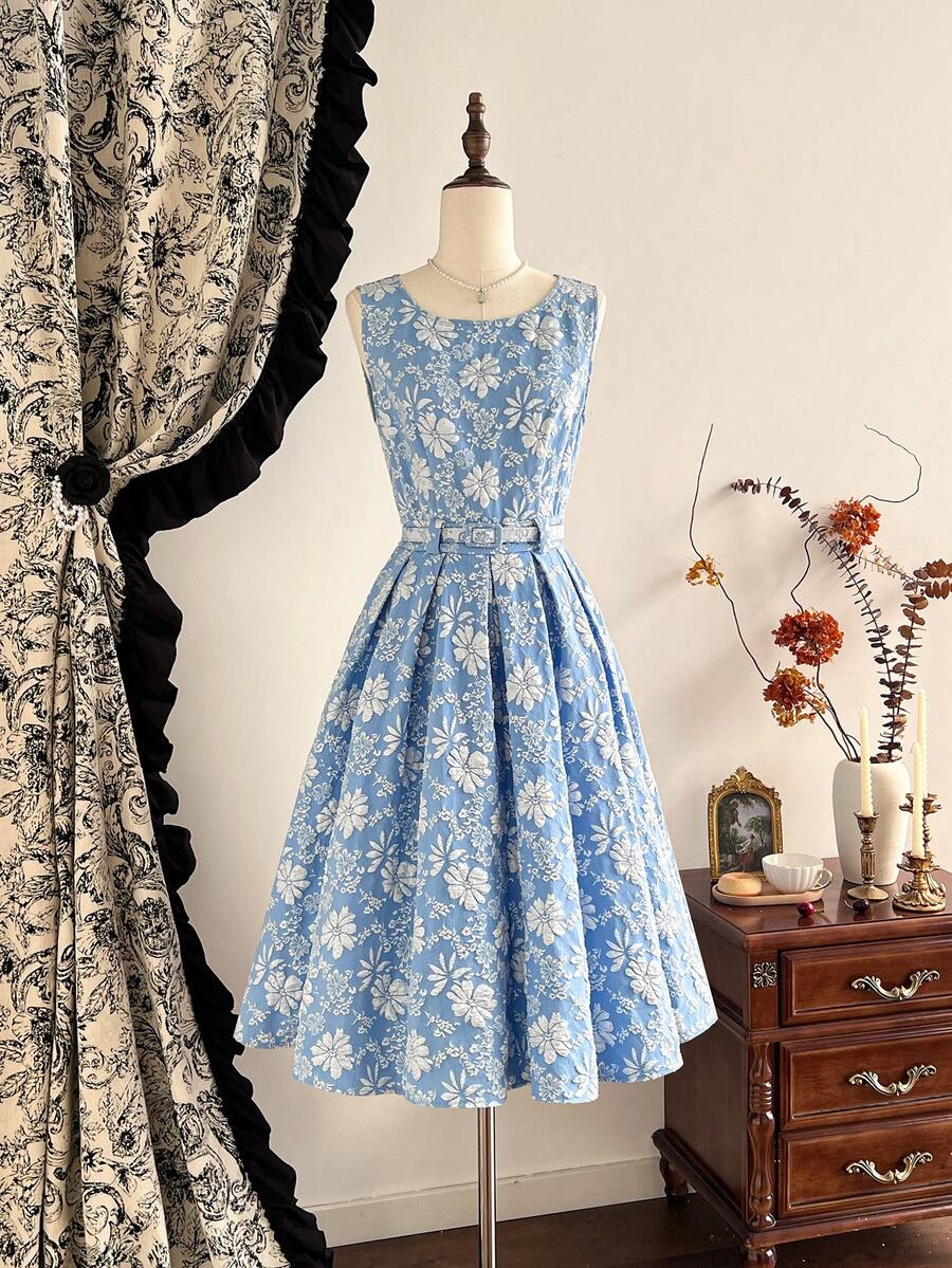 Vintamour 复古经典优雅女士连衣裙，修身提花连衣裙，船领无袖连衣裙，系带连衣裙，蓝色连衣裙，秋冬款 - 藍色 - 查看 1