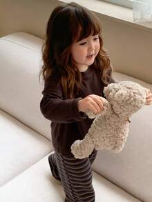 DAZY 2pcs/Set Toddler Girls' Casual Solid Color Round Neck Top And Striped Pants Pajama Set - Coffee Brown - View 9