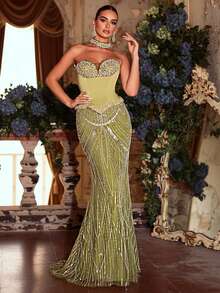 Glamrae Váy đuôi cá hở vai đính cườm và sequin sang trọng, thanh lịch, 2 trong 1, thích hợp cho đám cưới, tiệc tùng, kỳ nghỉ, dạ hội, váy dạ hội (được tô điểm nhiều) - màu xanh lá - Xem 8