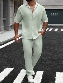 Manfinity Homme Men's Plaid & Solid Color Jacquard Short Sleeve Shirt + Drawstring Elastic Waist Pants, Essential Outfit For Men In Summer - Mint Green - View 3