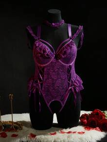 SpicyHot Bộ 2 bộ đồ liền thân ren cực kỳ gợi cảm cỡ lớn có gọng [Bộ đồ liền thân + Cổ áo] - Màu tím - Xem 1