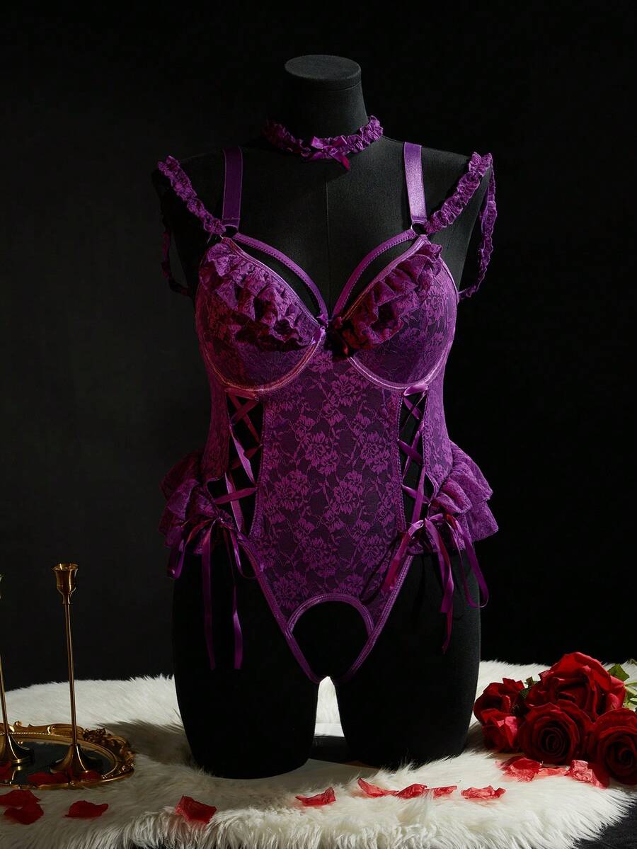 SpicyHot Bộ 2 bộ đồ liền thân ren cực kỳ gợi cảm cỡ lớn có gọng [Bộ đồ liền thân + Cổ áo] - Màu tím - Xem 1