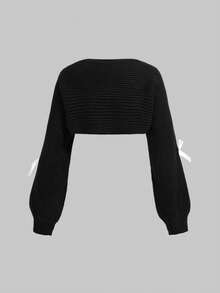 ROMWE Kawaii Bộ áo len cardigan dệt kim họa tiết nốt nhạc và phím đàn piano Y2K cổ điển cỡ lớn - màu đen - Xem 11