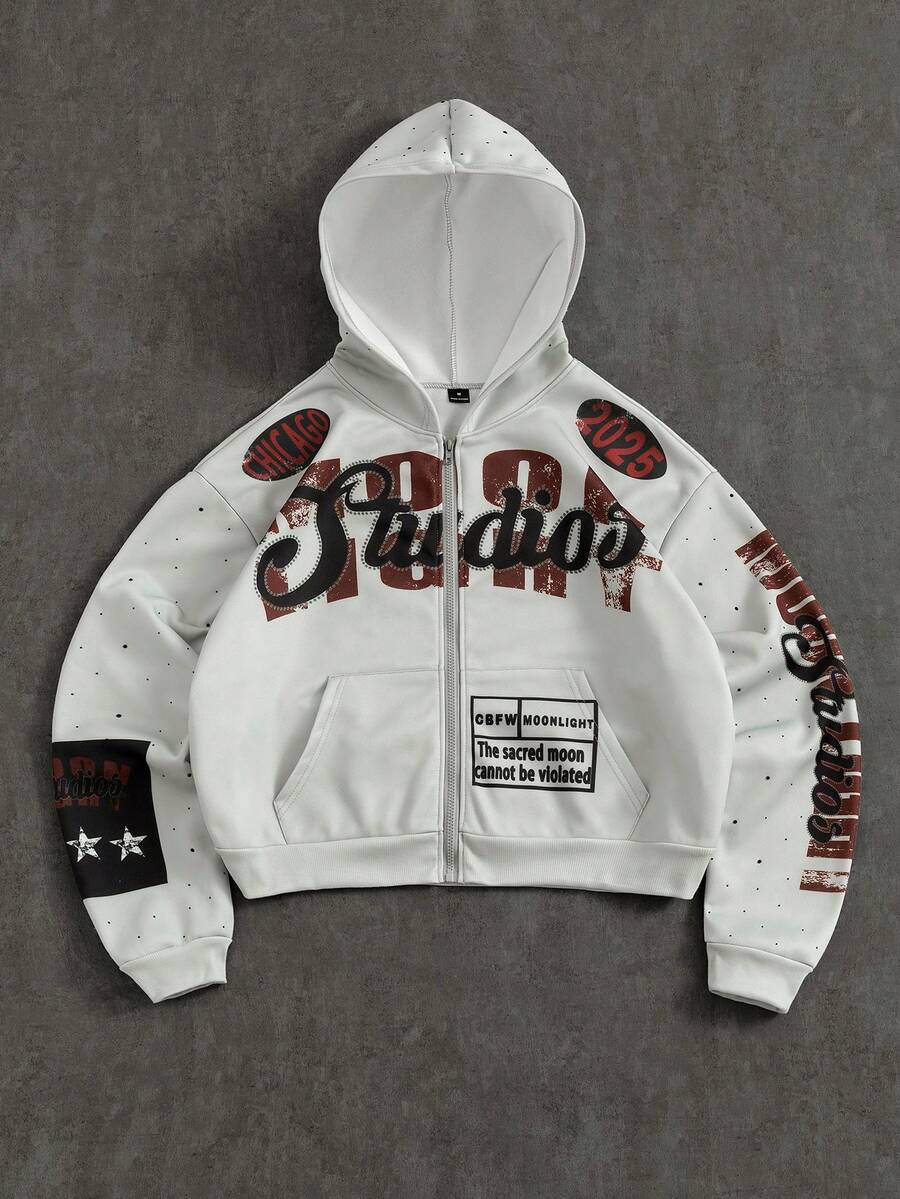 Manfinity EMRG Men's Minimalist Printed Hooded Long Sleeve Sweatshirt Sweatshirt Zip Up Hoodie Men S Letter Graphic Print Zip Up Hoodie Graphic Zip Ups Men S Street Wear Zip Up Graphic Print Hoodie - Multicolor - View 1