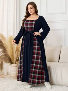 Lacomfia Plus Size Women Casual Knit Patchwork Plaid Waist Belt Dress - Navy Blue - View 5