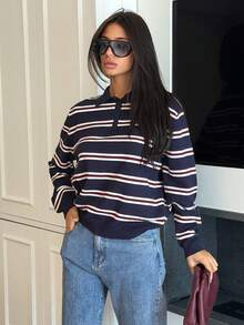 Ronhire Women's Casual Everyday Striped Polo Collared Long Sleeve Sweater,Back To School ,Fall / Winter Clothes For Women,Blockette Style