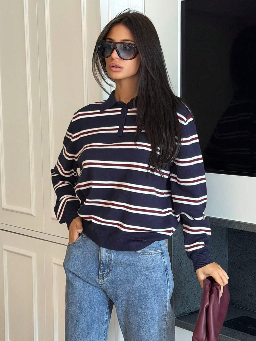 Ronhire Women's Casual Everyday Striped Polo Collared Long Sleeve Sweater,Back To School ,Fall / Winter Clothes For Women,Blockette Style