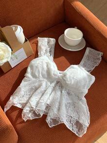 SHEIN EZwear 优雅白色蕾丝不对称下摆女式T恤，夏季 - 白色 - 查看 4