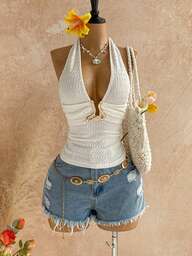 Soleia Women's Vacation Casual Solid Color Backless Halter Top