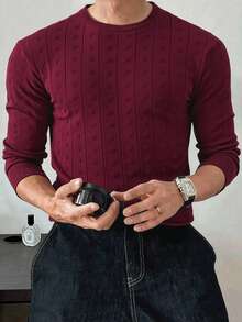 Manfinity Homme 男士休闲纯色绞花针织圆领毛衣，秋冬季长袖上衣 - 酒紅色 - 查看 5