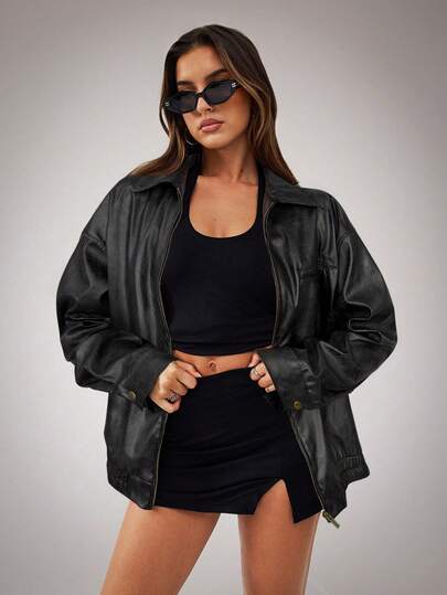 SHEIN BAE BAE Women Vintage Fashion Drop Shoulder Loose Zipper Jacket, For Autumn Brown Faux Leather Mottled Texture Washed PU Distressed Costume Women Clothes Winter Women Outfits Women Outfits,Fall,Fall Clothes For Women