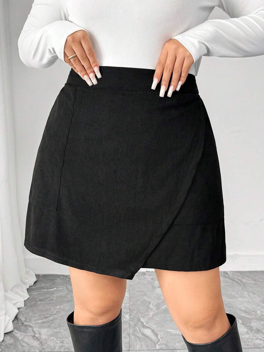 Elenzga 大码女式休闲日常通勤简约百搭纯色灯芯绒A字半身裙，带斜插口袋，秋季款 - 黑色 - 查看 1
