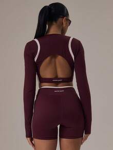 Musera Sport Top corto de manga larga con recorte en la espalda, ajustado, para actividades deportivas de invierno, gimnasio y entrenamiento, de aleación - Burdeos - Ver 4
