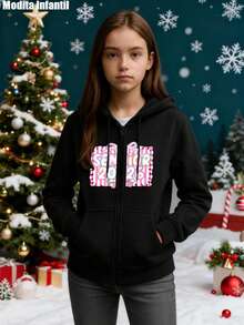 KID005|Navidad|1 pieza Abrigo infantil / Chaqueta con capucha para niños|Ropa de moda infantil para niñas, campera con cremallera negra decorada con el diseño "SEÑOR 2020" en un tono vibrante, perfecta para la época navideña - Negro - Ver 1
