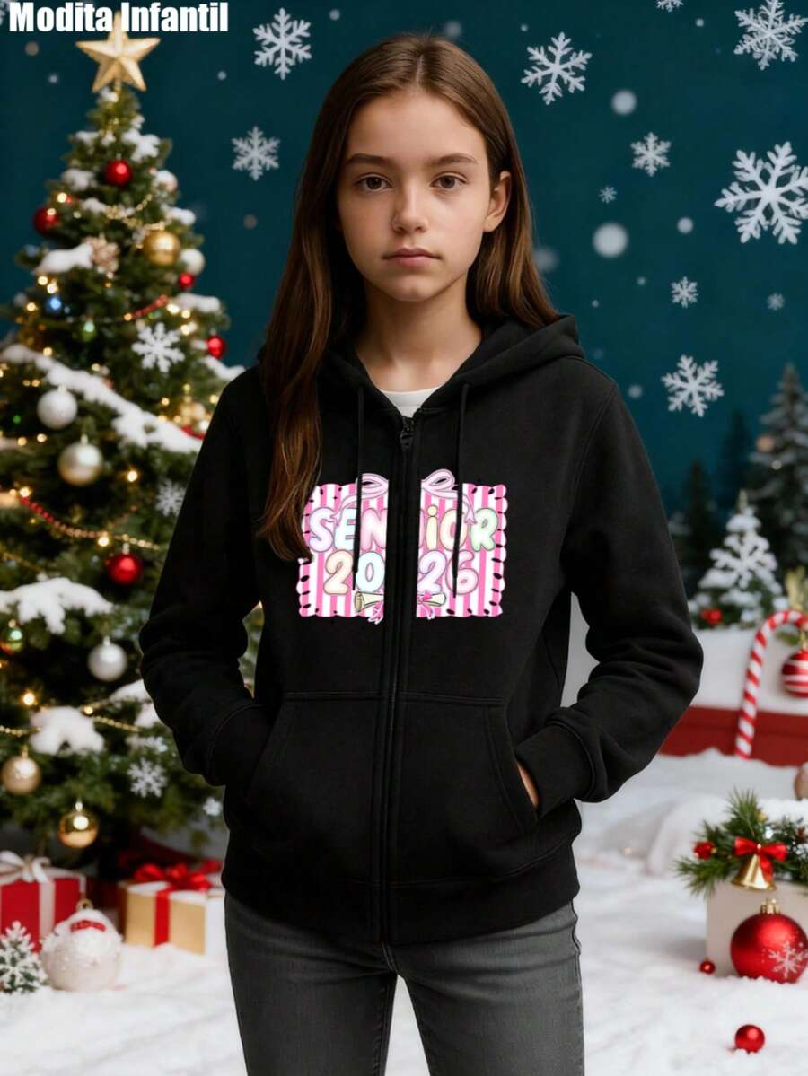 KID005|Navidad|1 pieza Abrigo infantil / Chaqueta con capucha para niños|Ropa de moda infantil para niñas, campera con cremallera negra decorada con el diseño "SEÑOR 2020" en un tono vibrante, perfecta para la época navideña - Negro - Ver 1