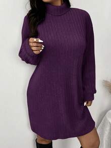 SHEIN Frenchy Casual Minimalist Turtleneck Ribbed Brushed Dress, Plus Size, Suitable For Leisure And Home, Autumn/Winter - Red Violet - View 3