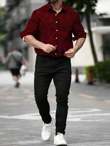 Manfinity LEGND 加大码男士休闲腰果印花长袖单排扣衬衫 红色设计衬衫 玫瑰衬衫 男士奢华衬衫 酒红色男士衬衫 - 紅色 - 查看 4