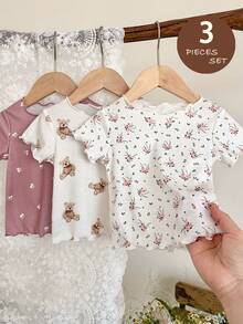 LMoss Kids 3件套女童针织小熊和花卉图案荷叶边下摆上衣套装 - 彩色 - 查看 3