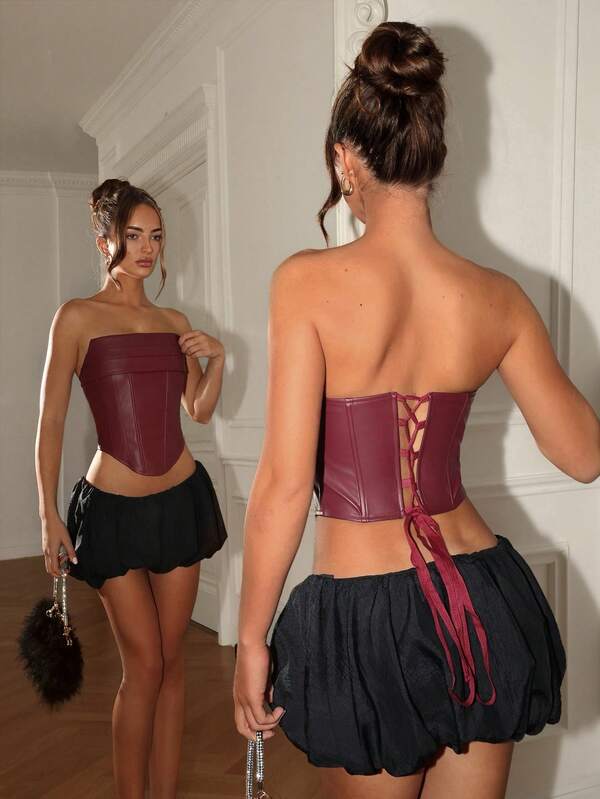 Glamine Top de mujer de otoño/invierno con parches de cuero sintético rojo vino, fruncido y con dobladillo puntiagudo con cordón