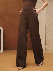 Anewsta Women's Vintage Loose Straight Leg Pants With Side Pockets And Embroidered Pearl Pattern, Suitable For Autumn/Winter - Coffee Brown - View 5