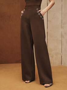 Anewsta Women's Vintage Loose Straight Leg Pants With Side Pockets And Embroidered Pearl Pattern, Suitable For Autumn/Winter - Coffee Brown - View 4