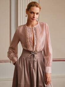 Anewsta Elaire Women's Sheer Chiffon Ruffle Collar Sexy Long Sleeve Blouse, "Old Money"