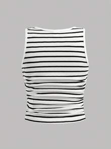 Girlism Tween Girl Ribbed Black & White Ribbed Round Neck Cinched Waist Casual Tank Top