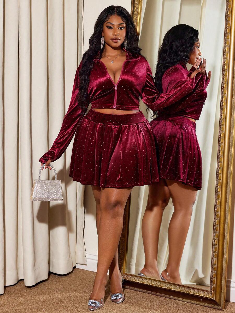 Truni Plus Size Women Velvet Zip-Up Top & Mini Skirt 2 Pieces Set, Casual & Fashionable, For Pear Triangle Body Shape - Red - View 1