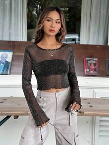 SHEIN EZwear Black Lettuce Trim Sheer Mesh Top Without Tube Top - Grey - View 3
