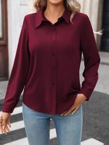 Elenzga Women's Casual Solid Color Button-Up Long Sleeve Shirt, Suitable For Commuting - Burgundy - View 4