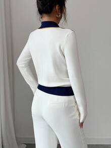 Elenzga Elegant Blue & White Argyle Pattern Turndown Collar Faux Placket Long Sleeve Knit Sweater, Suitable For Commuting & Everyday Wear, Autumn/Winter