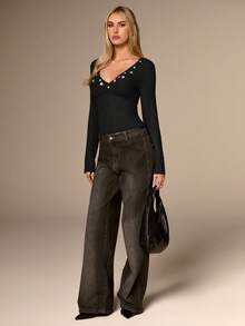 Avantive Áo dài tay trang trí nút màu trơn cho nữ - màu đen - Xem 6