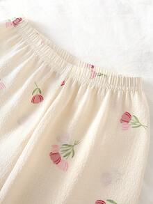 Girls Ditsy Floral Lapel Collar Long Sleeve Pants Pajama Set - Multicolor - View 5