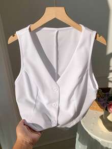 SHEIN EZwear Women's Single Breasted V-Neck Solid Color Suit Vest In Fall/Winter - White - View 6
