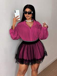 Maweii Conjunto de 2 piezas de blusa y falda de malla de talla grande - Rosa Fucsia - Ver 4