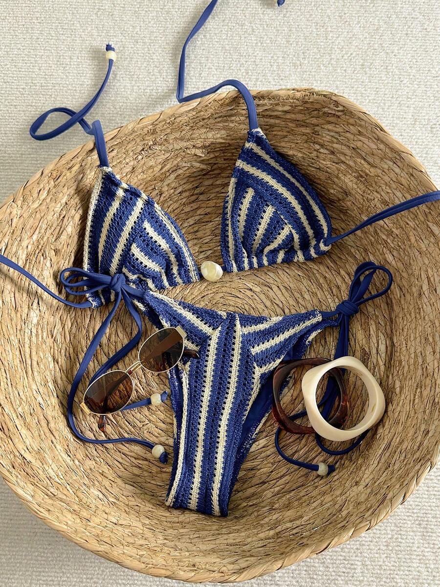 Swim Mod 夏季女士两件式泳衣，镂空针织面料，挂脖三角上衣，系带侧边泳裤，饰有串珠装饰 - 藍色 - 查看 1