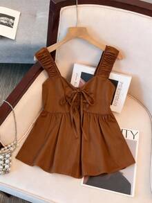 Franclia 女士系带收腰宽松无袖上衣 - 棕色 - 查看 5