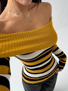 Flirla 休闲条纹性感修身露肩长袖女式毛衣 - 芥末黃 - 查看 6