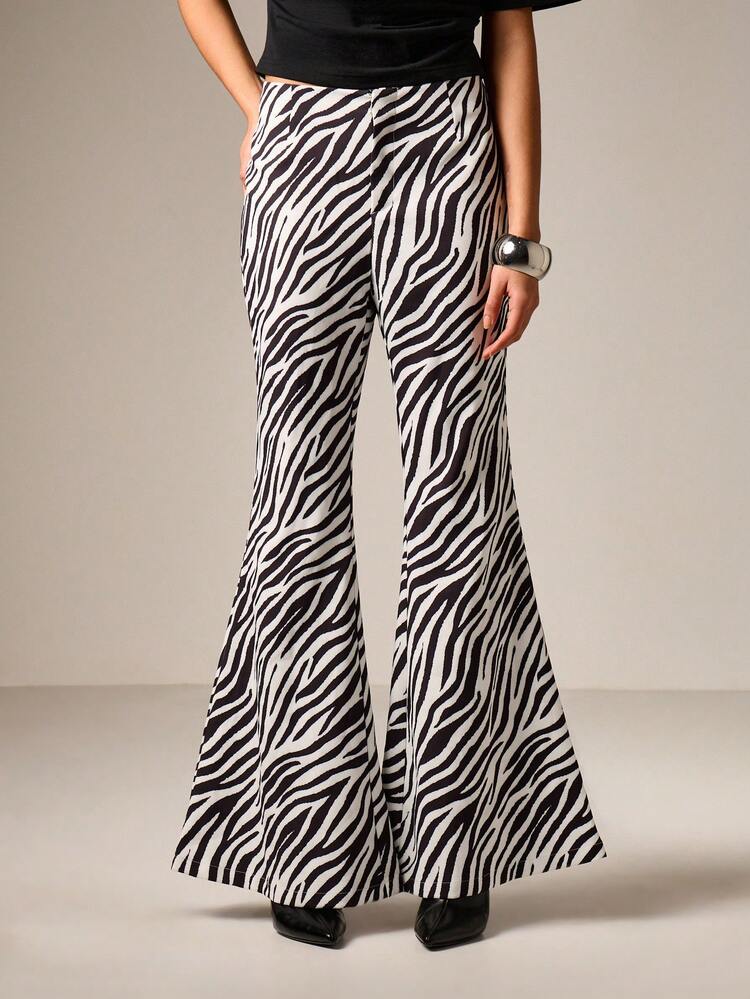Zebra Print Flared Wide Leg Trousers