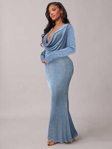 Radiana Váy đuôi cá dài tay cổ xếp ly thanh lịch màu đỏ tía dành cho nữ, thích hợp cho các buổi hẹn hò, tụ họp, sinh nhật, tiệc tùng, tốt nghiệp, tiệc chiêu đãi, tiệc cocktail, những dịp trang trọng, mùa thu/đông - Màu xanh lam - Xem 4