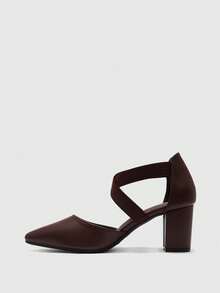 CUCCOO BIZCHIC Women's Fashion Coffee Color Elastic Combination Ankle Strap Pointed Toe Chunky High Heel Pumps, Suitable For Commuting, Dating, Party, Wedding, Holiday, Hollow Out For Christmas - Coffee Brown - View 9