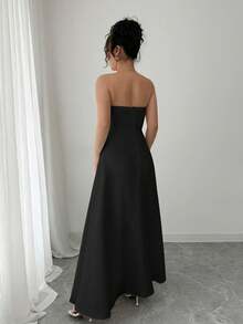 Elenzga Váy dài vừa phải thanh lịch tối giản có túi giả viền xếp ly trang trí kim loại cỡ tiêu chuẩn dành cho nữ - màu đen - Xem 2